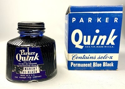 PARKER QUINK Permanent Blue-Black Fountain Pen Ink Full Bottle & Box Vintage NOS