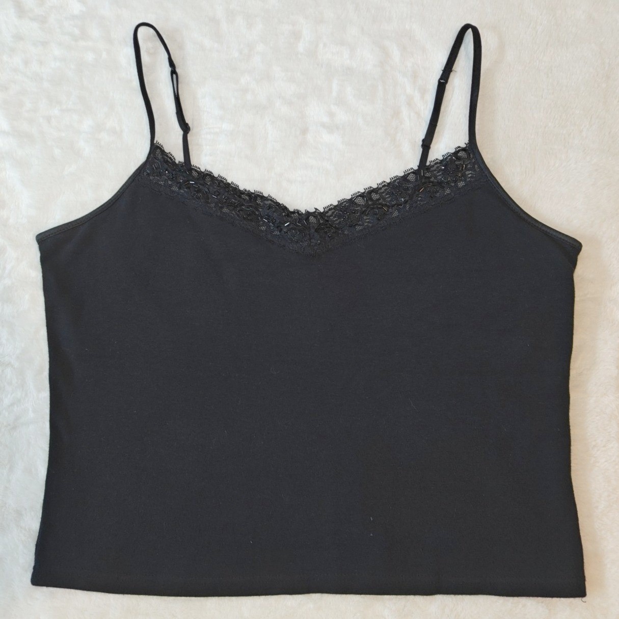 Fashion Bug Tank Top Camisole Lace Beaded Trim Spaghetti Black XL Built In Bra