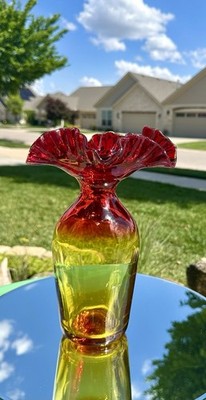 VTG Blenko Handcraft Amberina (Cadmium) Ruffled 10'' Glass Vase-CAT #688-Glows