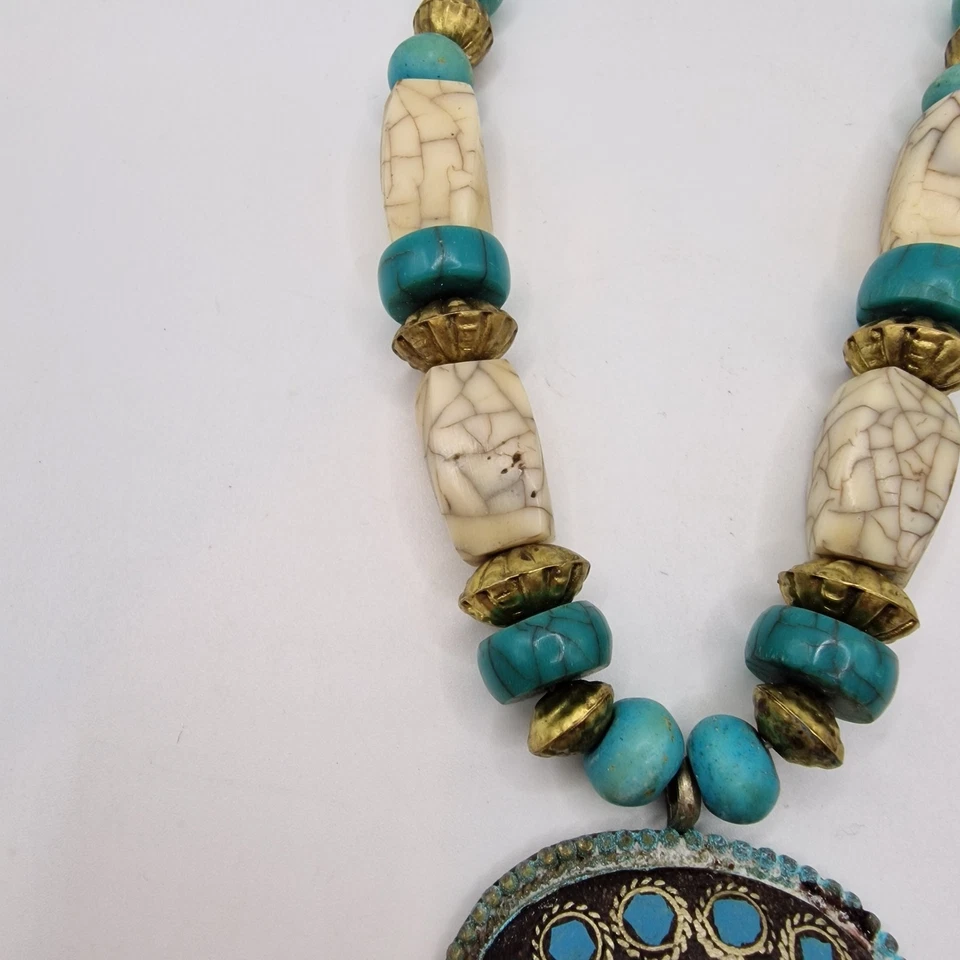Collar TIBETANO NEPAL De Colección Turquesa Boho Étnico Tribal Declaración Grueso Babero Foto 4 de 4