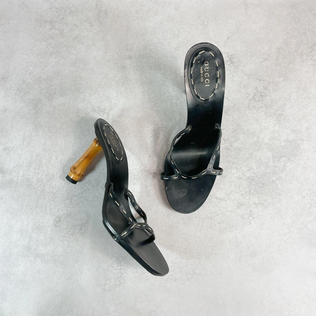 Gucci by Tom Ford Mules sandali tacco bambù pelle nero EU36 US6 vintage Giappone
