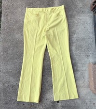 VTG 70s Bell Bottom Pants Flare Trousers 38 Waist Bright Yellow Textured Hippie