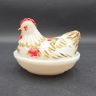Vintage Hazel Atlas Hen on Nest Milk Glass Hand Painted Roses Candy Dish