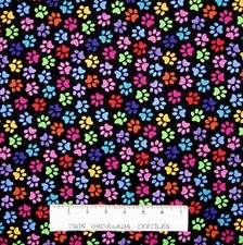 Animal Fabric - Rainbow Cat Dog Paw Print on Black - Timeless Treasures YARD