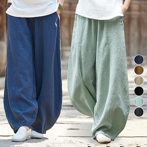 Damen Baumwolle Leinen Baggy Freizeit Haremshose Damen Sommer weites Bein Hose - Bild 2 von 25