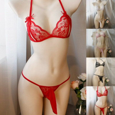 Sissy Mens Lingerie Set Bra Top G-string Pouch Briefs Underwear Sheer Sexy-Lace