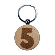 Number 5 Five Fun Bold Font Engraved Wood Round Keychain Tag Charm