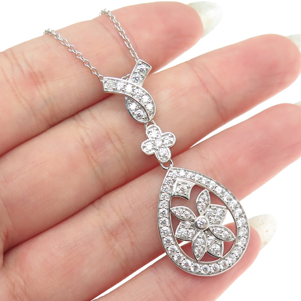 925 Sterling Silver Round-Cut C Z Flower Teardrop Cable Chain