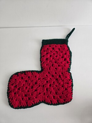 Christmas Stocking Granny Square Crochet Handmade Cottage Core MCM 10'' Red Green
