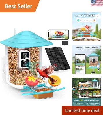 Bird Feeder with Camera 2K Live Stream 160°View with Solar Panel 32GB Card 4-...