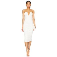 Superdown Vivienne Ruched Midi Dress White Jersey Strapless Deep V Sz S