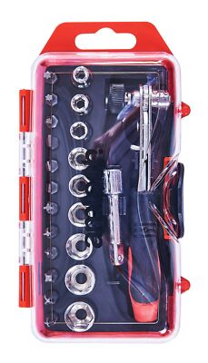 23Pc Offset Ratchet Handle, Bit & Socket Set Slotted Phillips Pozi Torx Mechanic