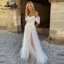 Beach Off The Shoulder A-Line Wedding Dress Tulle Sweetheart Pleated Sleeves