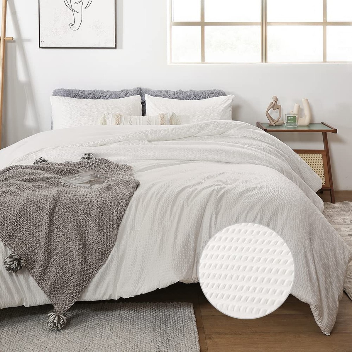 DuShow Waffle Comforter Set King White,Seersucker Soft Comforter for King 