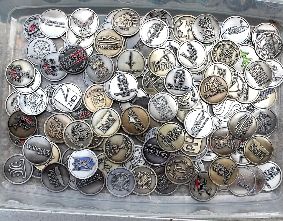 BACKSPIN GOLF SALE BATCH 10 LOGO GOLF BALL MAGNETIC COIN MARKERS COLLECTION BRASS SILVER