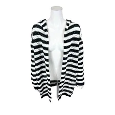 Attitudes by Renee Striped Cardigan w/Hood and Fringe Detail White Small Size