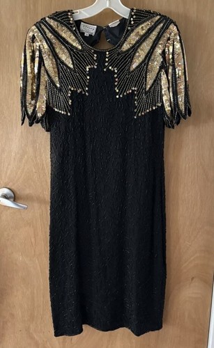 Vtg 80s Stenay Sequin Beaded Gatsby Trophy Flapper Prom Dress Black Gold Sz 14 - Picture 20 of 21