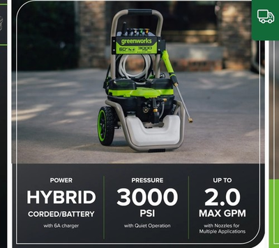 #ad Greenworks Hybrid 60V 3000 PSI Electric Pressure Washer with Dual Power Options $360.00