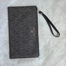 Michael Kors Jet Set Travel Large Zip Wristlet Black MK Logo PVC Wallet Pouch
