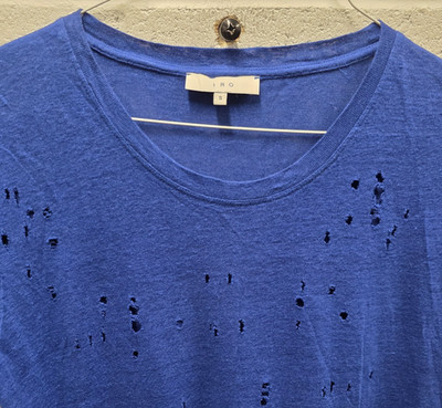 IRO Clay Distressed Holes Women's Linen Tee Size S Made in Portugal Blue 20x29