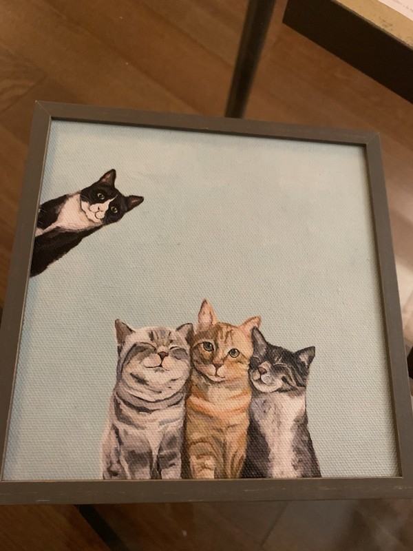 Cat Portrait 4 Feline Friends Framed Canvas 6.5” x 6.5” Wood Panel Original
