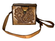 Hand Tooled Floral Mini Croc Leather Structured Shoulder Bag - Distressed