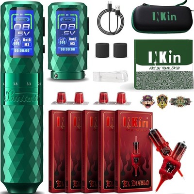 Inkin Tattoo Maschine Set kabellos mit 6 Hub, 2 Akkus, 50 Nadeln, Profi Zubehör