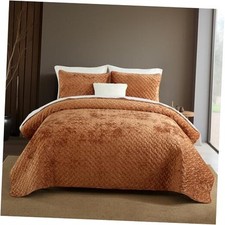 Velvet Bedspread Quilt Bedding Sets,Luxury Elegant Queen 90 by98inch Caramel