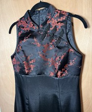 Black Red Satin Brocade Prom Cheongsam Maxi Dress 5/6 Front Slit JumpApparel USA