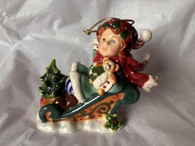 VTG Glazed Porcelain Christmas Boy Sled Bear Figurine Ornament Luster Gold 3.5 