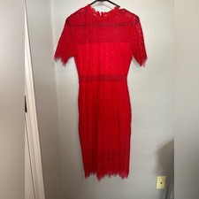 Lulus Red Lace Short Sleeve Mock Neck Midi Dress XS Sheath Eyelash Trim
