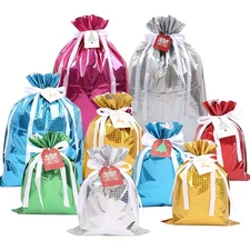 Christmas Drawstring Gift Bags 15 PCS Assorted Sizes Goodie Bags with Tags