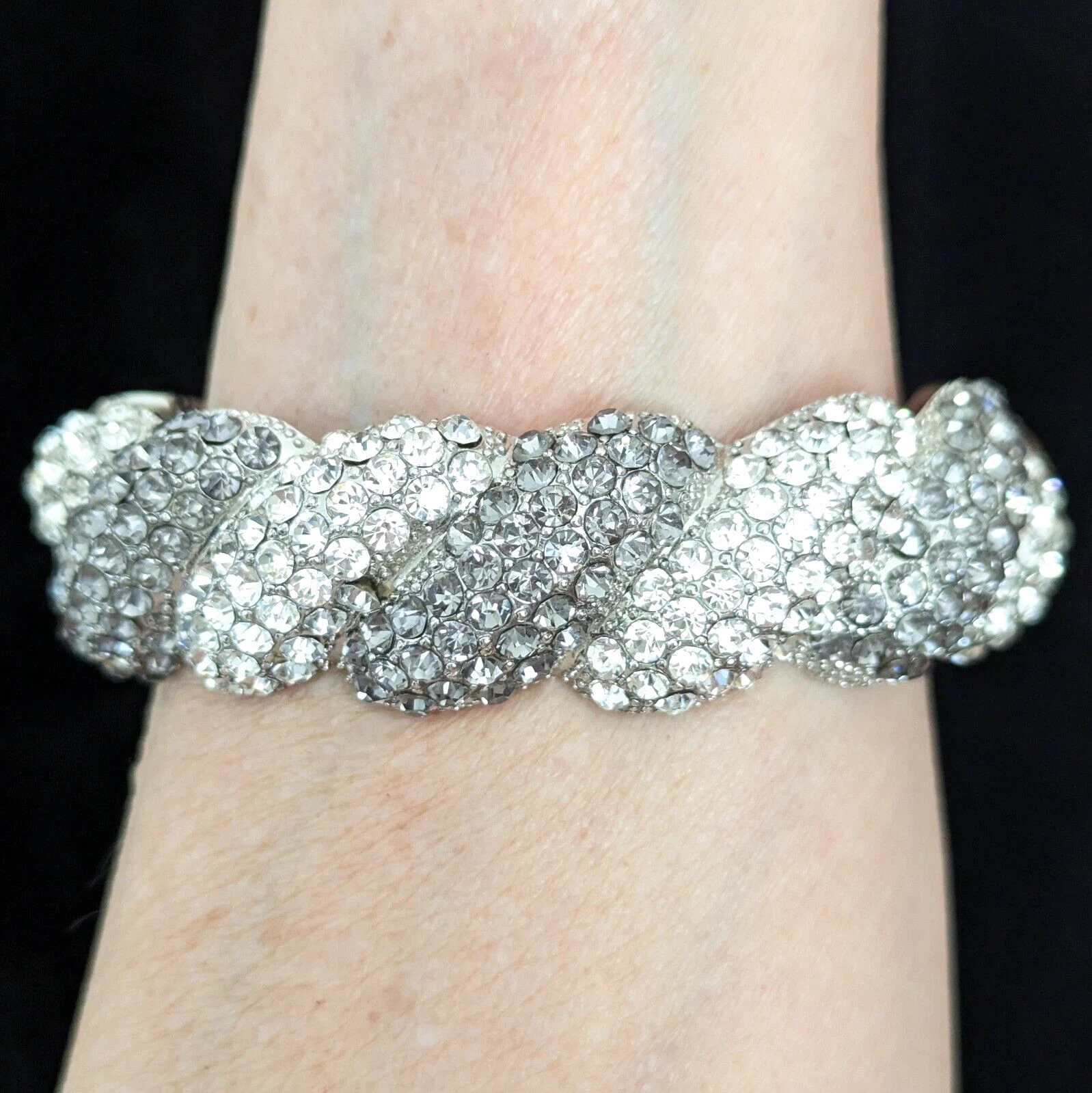 VALENTINO Bracciale con Cerniera Grossa Pave Strass Tono Argento Audace Boho Gioielli 7”
