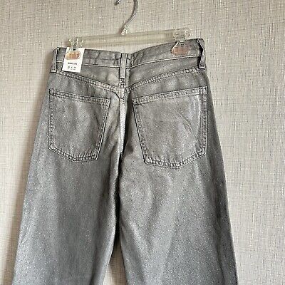New Zara Metallic Silver Mid Rise Full Length Wide Leg Jeans New Zara Metallic Silver Mid Rise Full Length Wide Leg Jeans