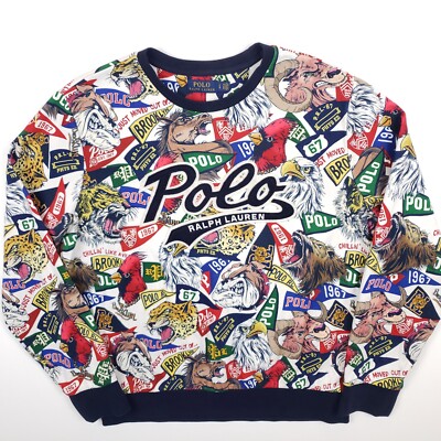 Polo Ralph Lauren Sweatshirt Large Herren College Wimpel Animal All Over Print sehr guter Zustand