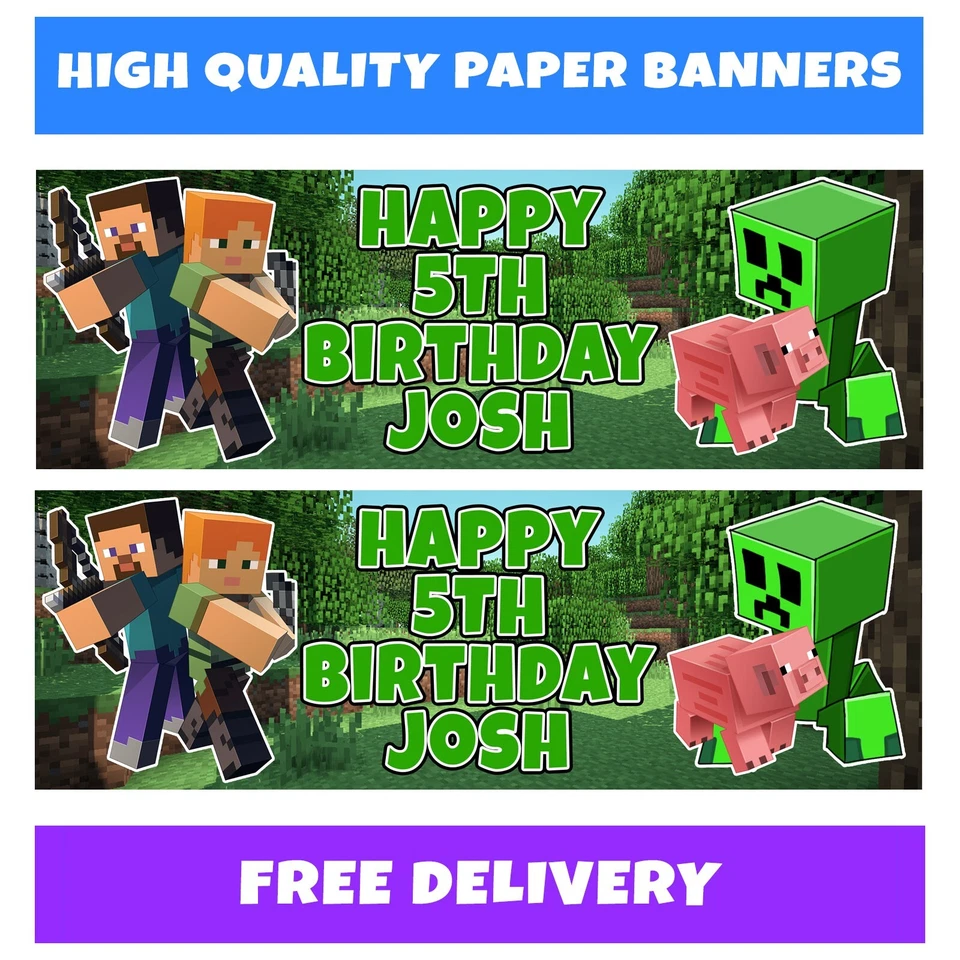 MINECRAFT PERSONALISED Birthday Banner Gaming Design Kids Party Decoration - Kids Gaming