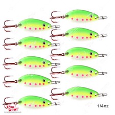 10pcs Fish WOW! Green Yellow 1/4oz Fishing Spoon Treble Red Hook Duo Lock Snap