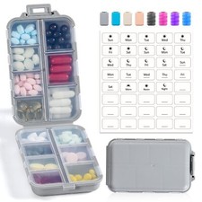 14 GRIDS Travel Pill Organizer Box with Labels Travel Medicine Case Kit