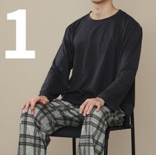 Men Sleepwear Set Top And Pants Pullover Striped Plaid Trouser Round Neck Casual