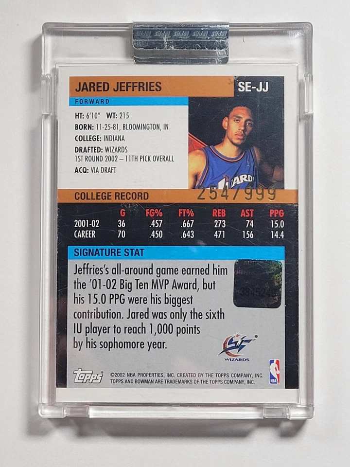 ДЖАРЕД ДЖЕФФРИС 2002-03 БОУМЕН ПОДПИСЬ ИЗДАНИЕ ДЖЕРСИ RC AUTO 254/999 запечатанный - Изображение 2 из 4