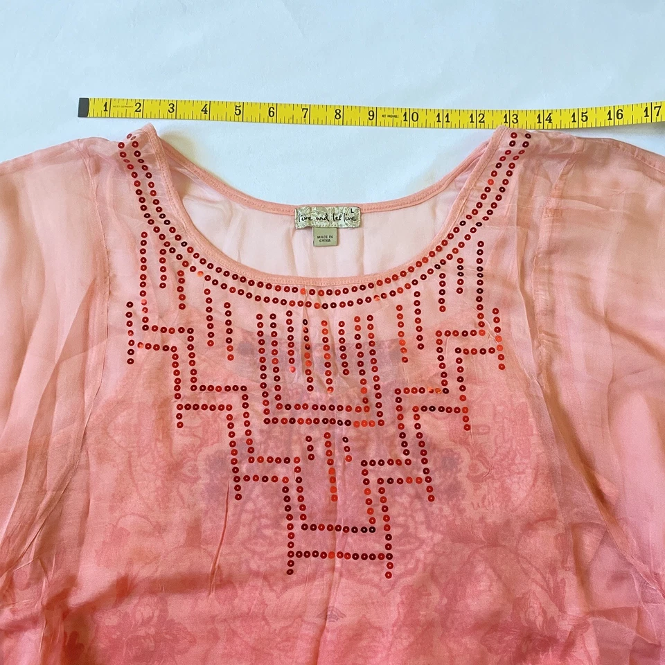 Blusa Top One World Live And Let Live L Rosa Lentejuelas Ombré Desvanecimiento Transparente Verano Foto 3 de 4