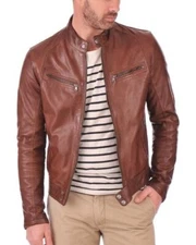 Men Biker Motorcycle Leather Genuine Lambskin Brown Leather Jacket XS-2XL FB49