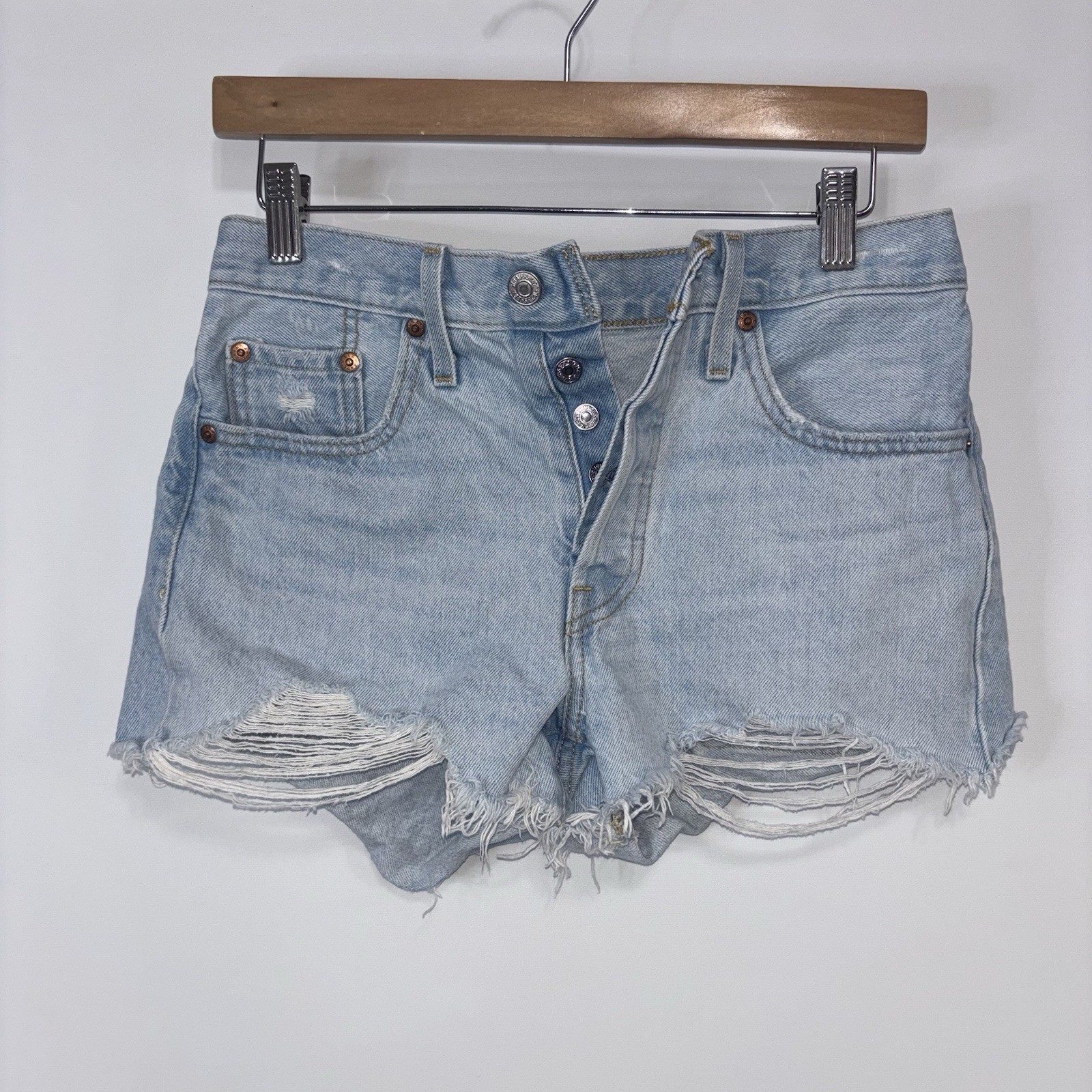 Levi’s Premium 501 Distressed Button Fly Denim Shorts Light Wash W25