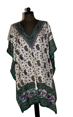 Kaftan Kimono beige-grün Paisley Seide Größe : uni Polyester Knielang 85 cm - Bild 5 von 7