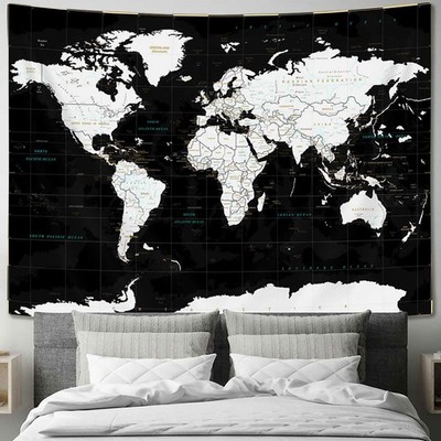 World Map Tapestry, Black Map Educational Wall Tapestry Asia Europe South Cit...