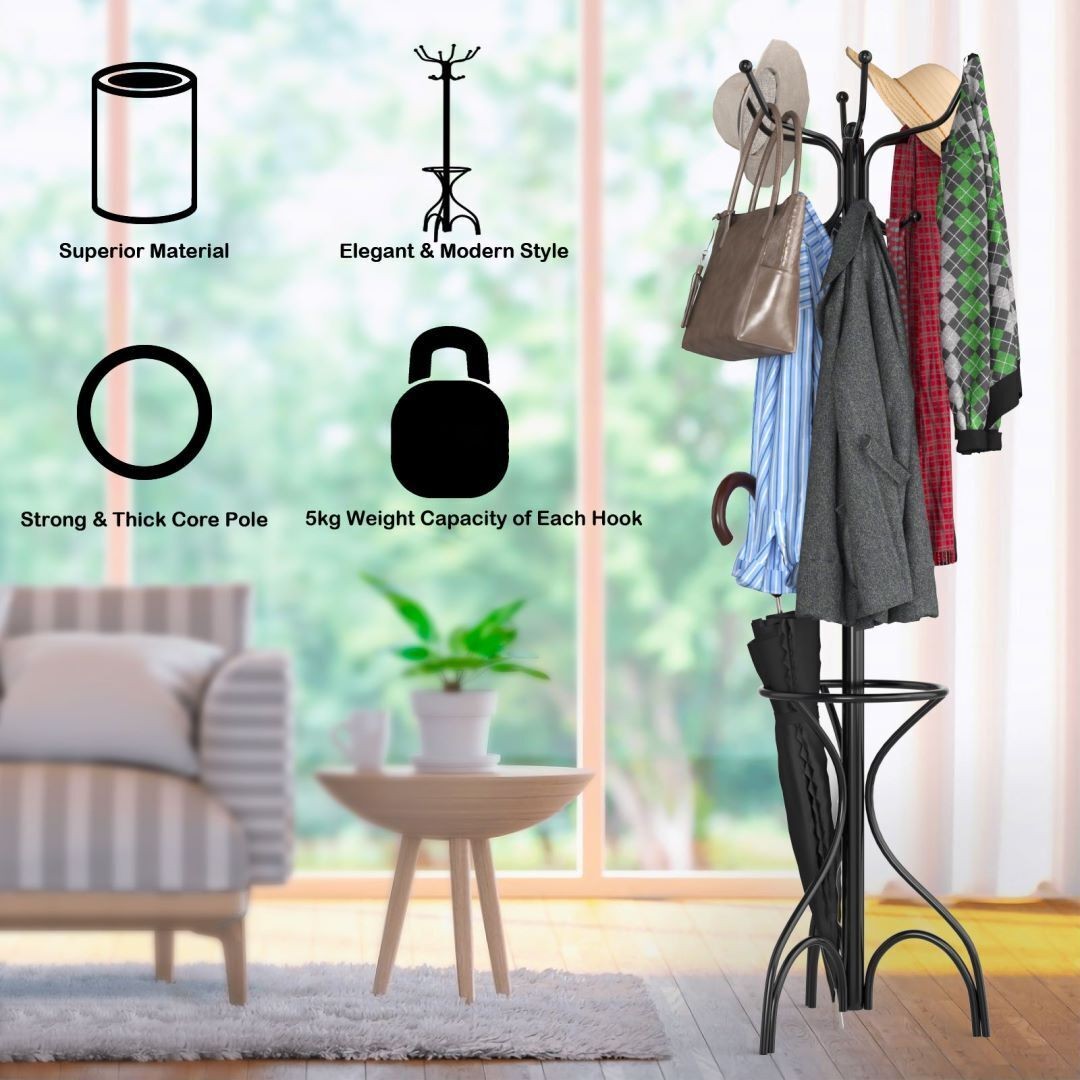 Costway Black Metal Coat Rack - 12 Hooks - Rust-Resistant Powder-Coated Steel - Tall 180cm+ - Image 6