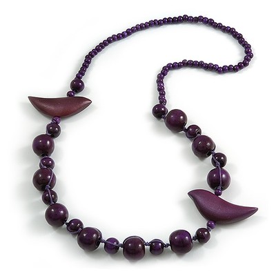Deep Purple Wood Bead Bird Long Necklace - 80cm Long