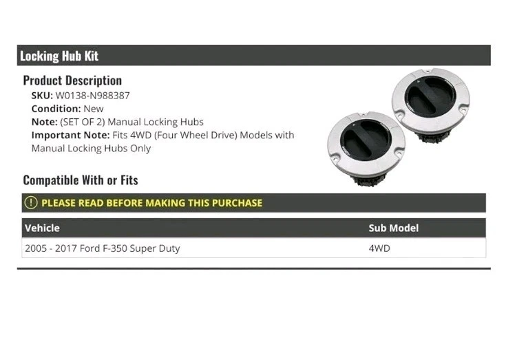 Kit de buje de bloqueo manual Ford 4x4 (juego de 2) Ford F-350 Super Duty 2005-2017 4x4  Foto 3 de 3