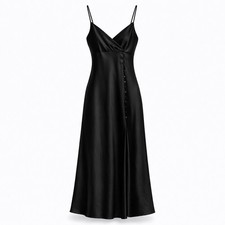 Zara Satin Midi Dress Black Size S Women’s Slip Strappy Button Front Evening