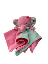 Okie Dokie Pink  Mint Elephant Plush Lovey Baby Security Blanket 14"x14" Satin
